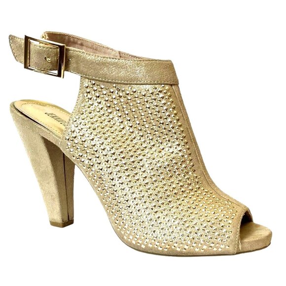 Jennifer Lopez Sasha Bling Champagne Suede Slingback Gold Stud Peep Toe Heels-9M - Picture 1 of 15